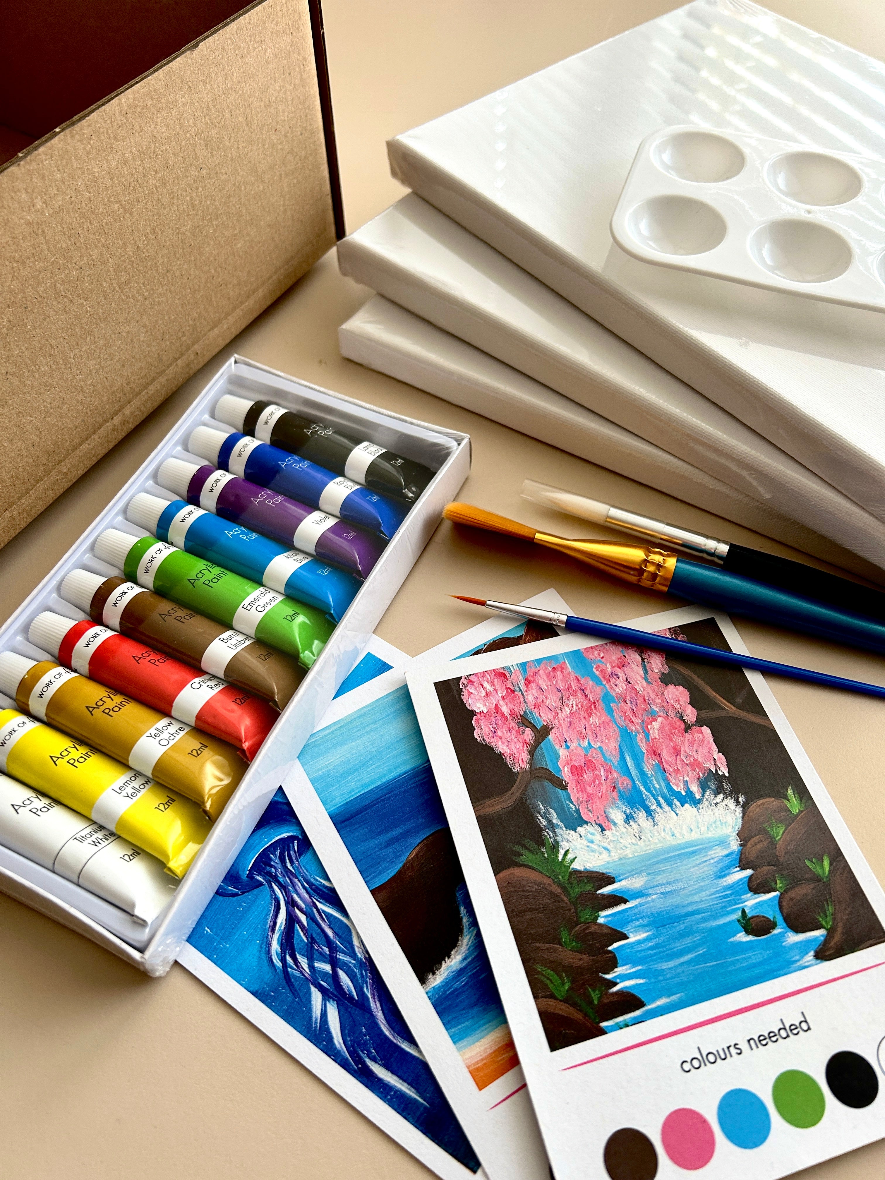 Paint Kit DIY Acrylic Painting Kit with Canvas, Brushes, and Inspiration Cards ...