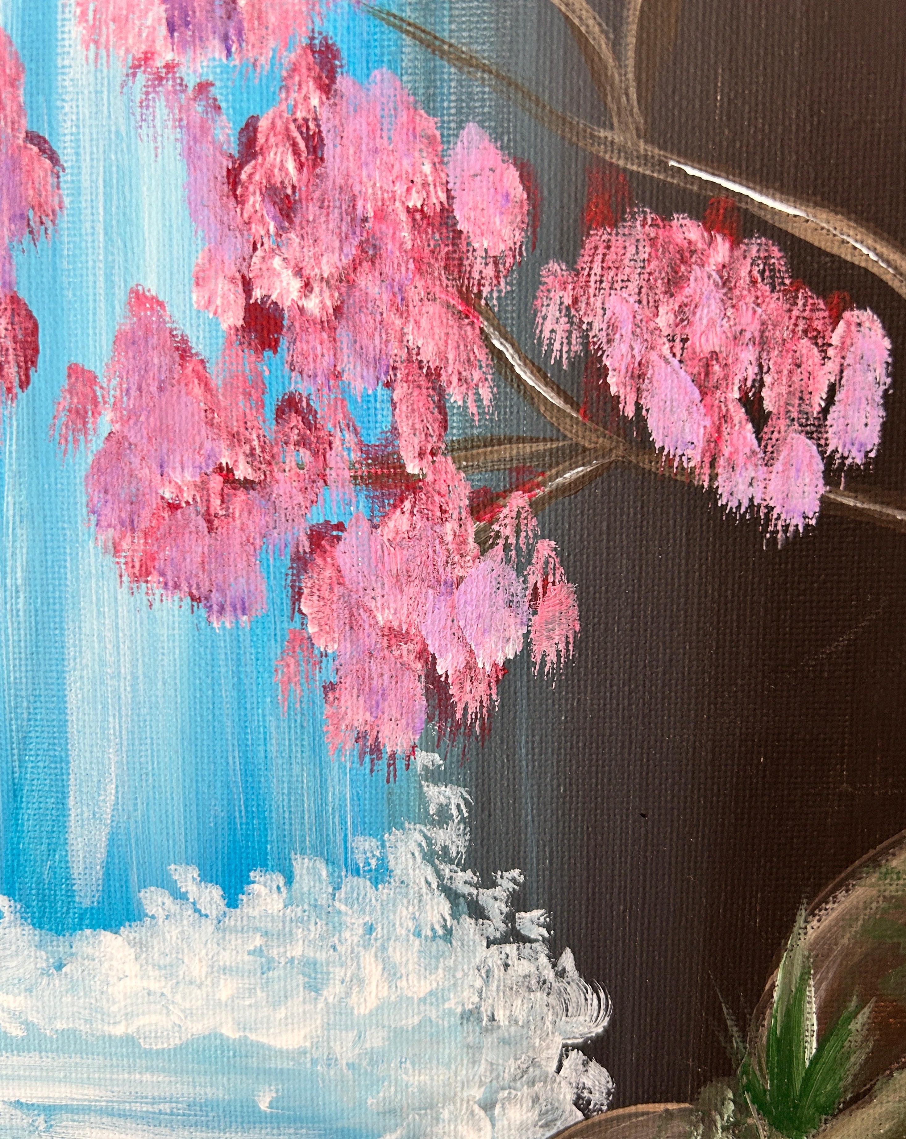 The Secret Waterfall, close up image featuring cherry blossoms, Painted with Acrylic on Canvas